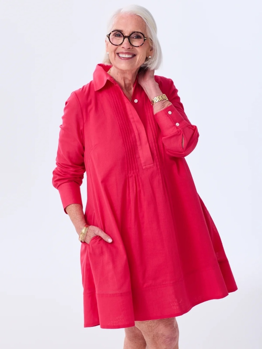 Alice Walk Pintuck Shirt Dress Hibiscus Red Cotton Mini Dress S $275